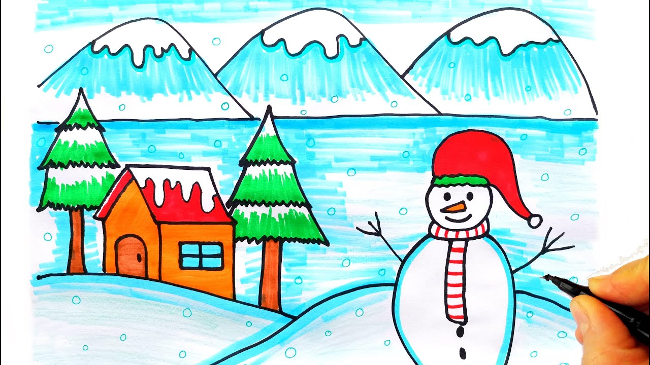 Kış Resmi Çizimi - Kar Çizimi - Kardan Adam Resmi Çizimi - Yılbaşı Resmi Çizimi - Yeni Yıl Çizimleri