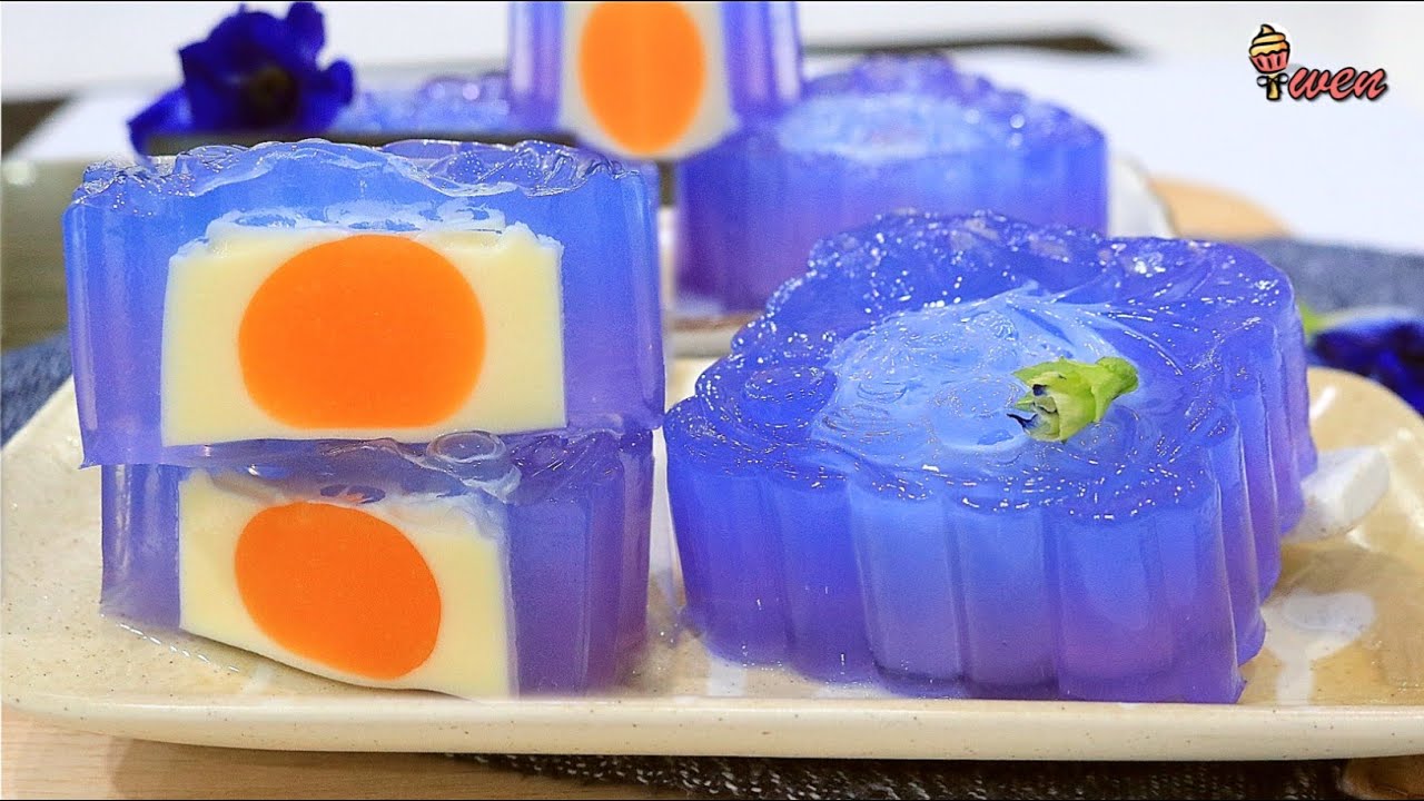 蝶豆蓝花燕菜月饼食谱天然星空紫蓝色蛋黄果冻Butterfly Blue Pea Flower Jelly Mooncake Recipe