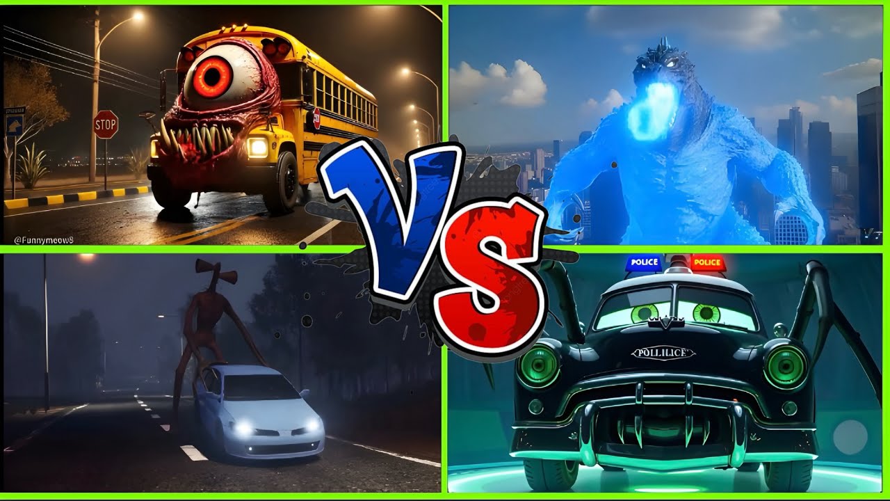 Tiles hop school bus eater and siren head vs car and  police car monster and Godzilla monster 👿