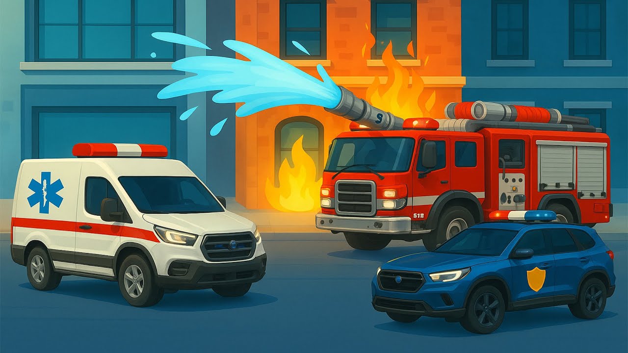 Firefighting Animation Fire Fighting Action: Fire Truck, Ambulance and Police Work Together to ...