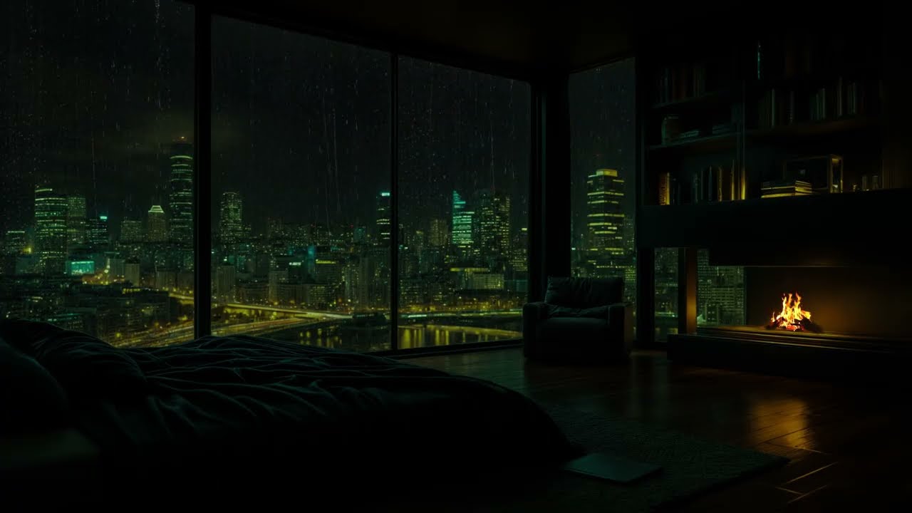 ( No Ads) Rain Falling Over the City 🌧️🔥 | Cozy Night Sounds for Deep Relaxation & Calm Mind