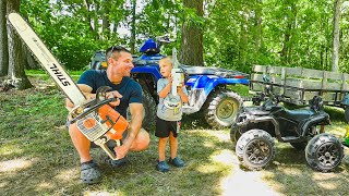 Firewood with Dad. Chainsaws and Four wheelers - real and toys