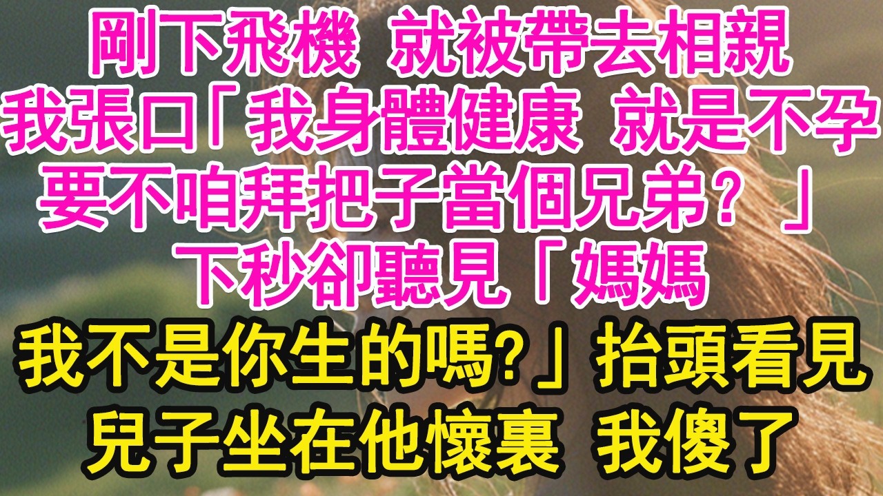剛下飛機 就被帶去相親，我張口「我身體健康 就是不孕，要不咱拜把子當個兄弟？」下秒卻聽見「可是媽媽，我不是你生的嗎」抬頭看見，兒子坐在他懷裏 我傻了【琉璃】【甜寵】【霸總】