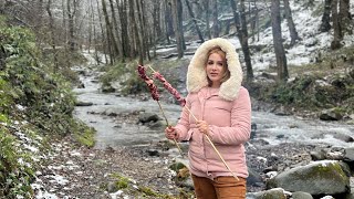 After a snowy day: Cooking Kebabs by the River in the Heart of the Forest