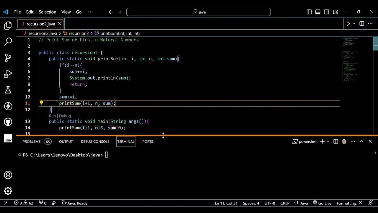 Recursion || Sum of first N Natural numbers using Recursion || java ...