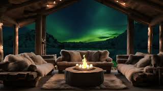 Cozy Winter Cabin Porch With Relaxing Northern Lights View | Arctic Sounds & Crackling Firepit