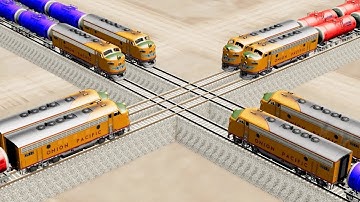 Impossible Multiple Overlapping Rail Tracks Crossover Vs Trains Crossing - BeamNG.Drive