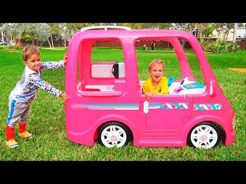 Vlad and Nikita ride on Barbie Car to camping