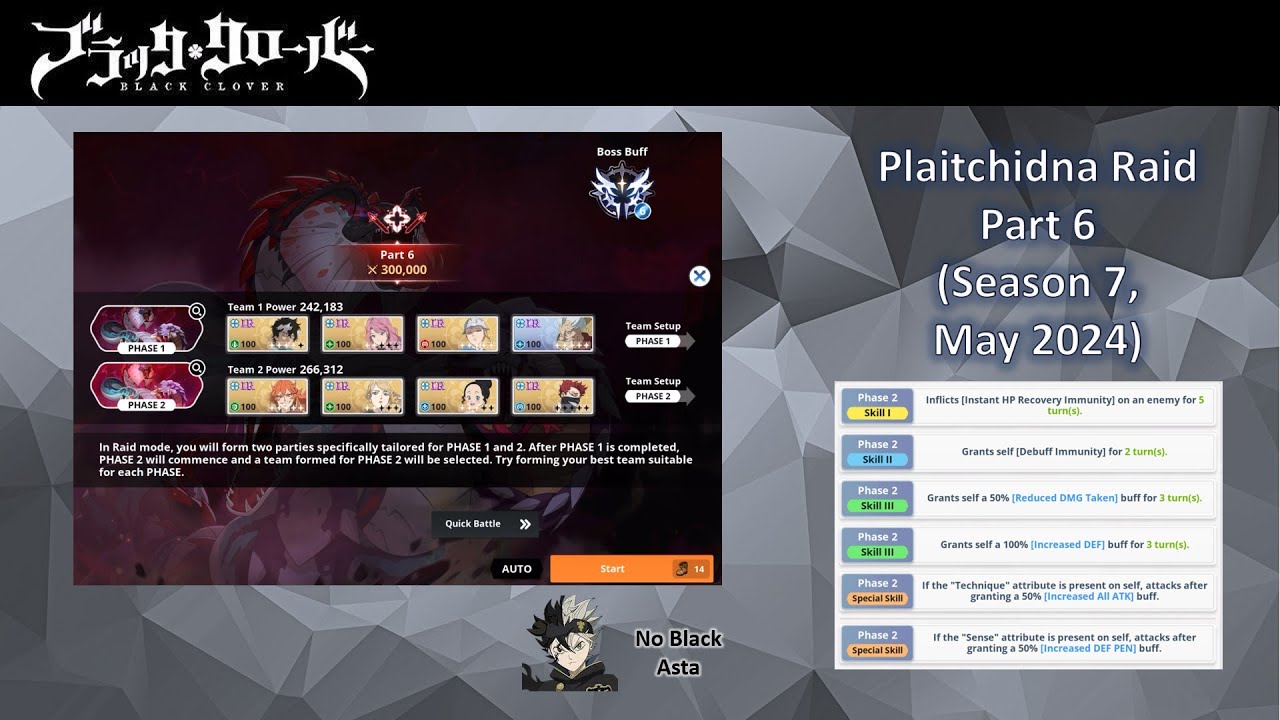 Plaitchidna Season 7 Raid Part 6 Phase 2 Boss Buff HP Recovery Immunity, No Black Asta Run