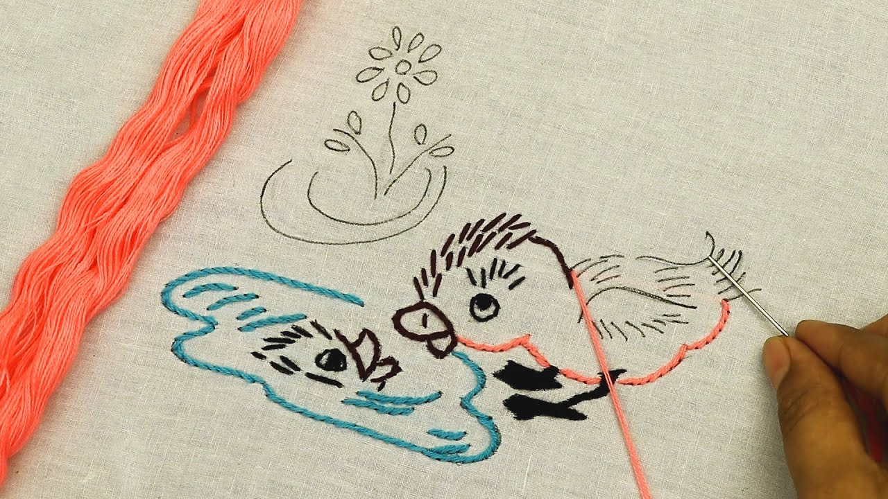милая ручная вышивка для детей | легкие шаги сшивания, чтобы вышить утку с ее отражением