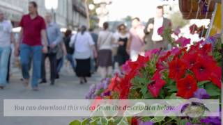 Footage. People walk along a street where a lot of people