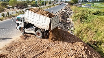 NICELY Landfill Task! So Interesting Skill Of KOMATSU Bulldozer Push Soils With Many Trucks Dumping