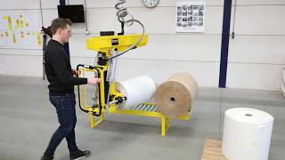 Dotec ergonomic roll handling solution RH230 L CG. For heavy and wide rolls, lift & tilt.