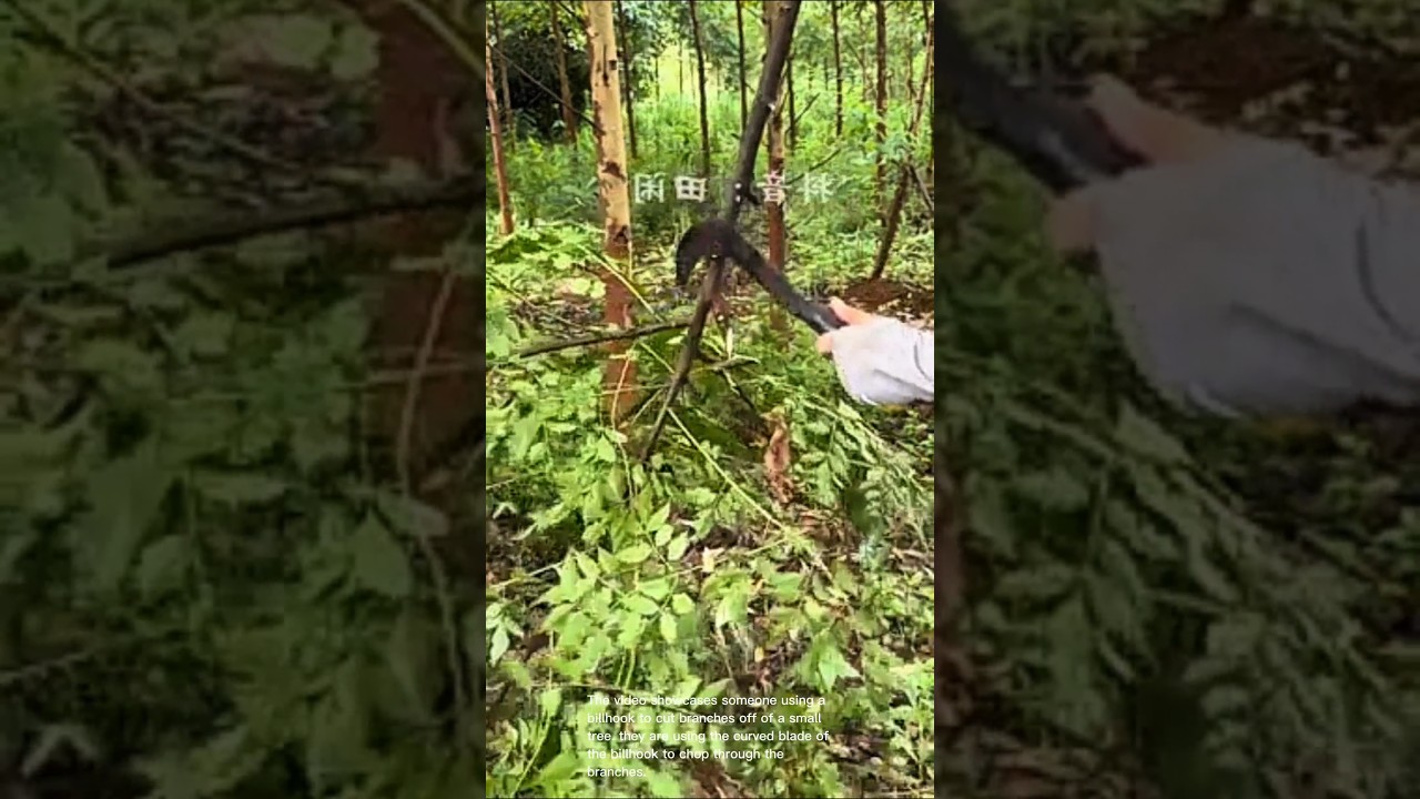 Pruning with a billhook: person cutting branches off small tree with curved blade of billhook