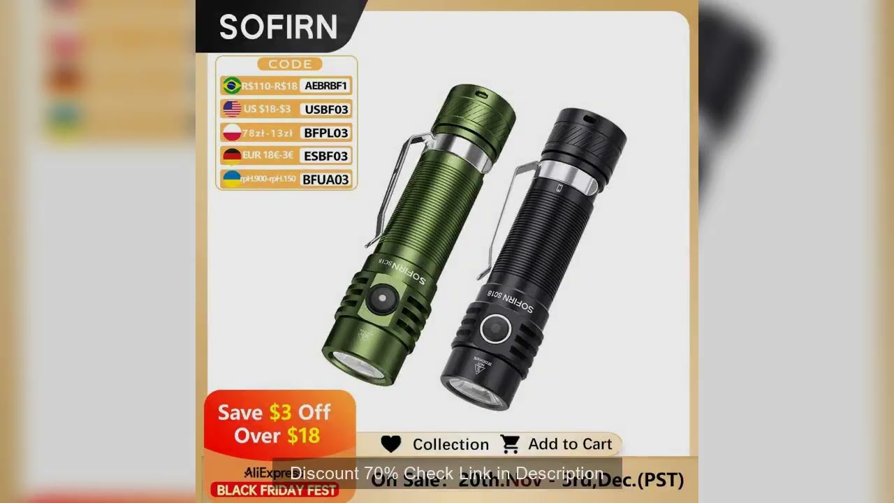 Sofirn SC18 1800lm SST40 LED 18650 Torch TIR Optics Lens EDC Flashlight USB C Rechargeable Lantern