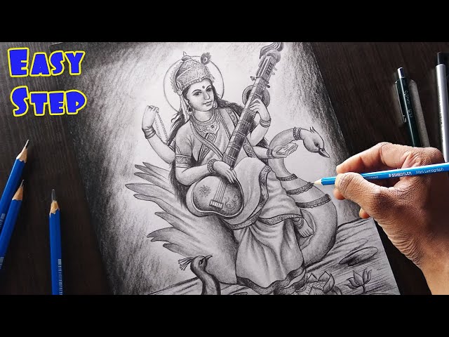 How To Draw Saraswati Mata Pencil Sketch || Maa Saraswati Full Body Drawing  Tutorial - YouTube