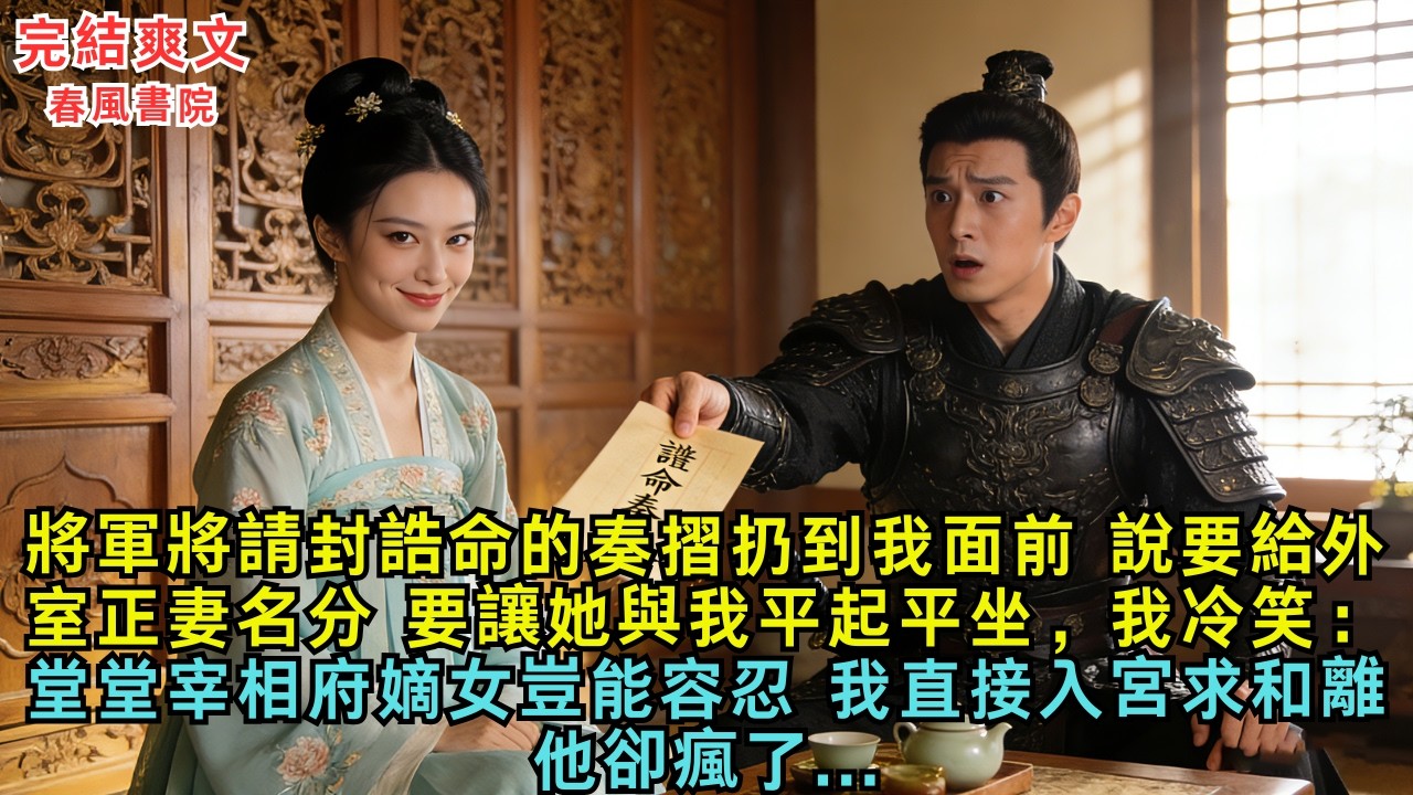 將軍將請封誥命的奏摺扔到我面前，說要給外室正妻名分，要讓她與我平起平坐，我冷笑：堂堂宰相府嫡女豈能容忍，我直接入宮求和離，他卻瘋了...#古言#小說#爽文#故事頻道#完結