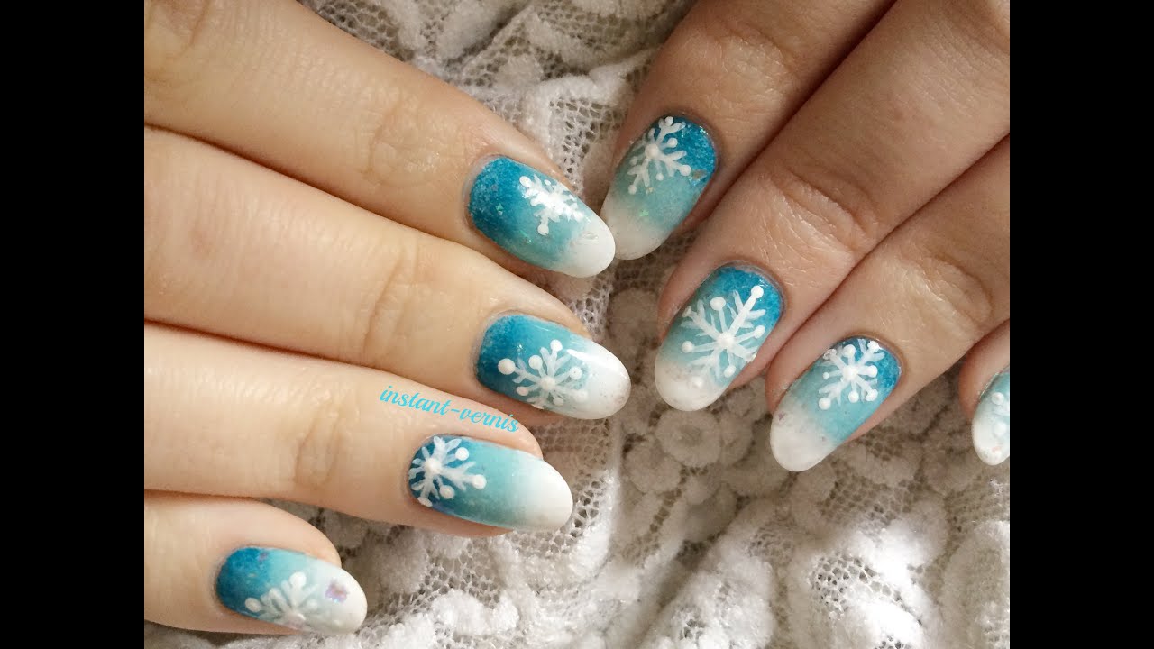 Tuto nail art flocons de neige sur dégradé bleu - YouTube