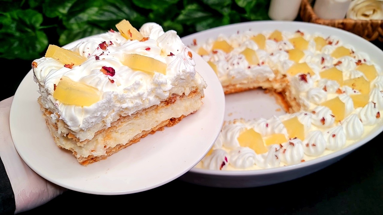 حلى الاناناس البارد بالبسكويت وجوز الهند 🍍🥥 بدون فرن ألذ تحلية صيفية منعشة لحر الصيف❄️😋