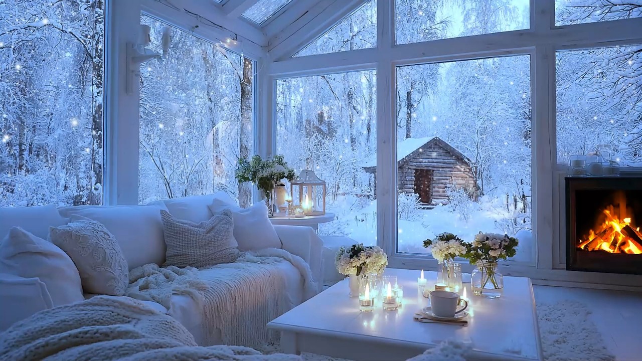 Relaxing Music in White Room Lounge ❄️ Romantic Winter Room with Soft Piano, Fireplace, Snow