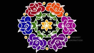 2019  flower rangoli design 17*9dots with colors | Chukkala  muggulu | Rangoli with dots |