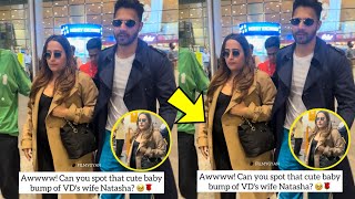 Pregnant Natasha Dalal Flaunting Cute Baby Bump With Husband Varun Dhawan at Mumbai Airport