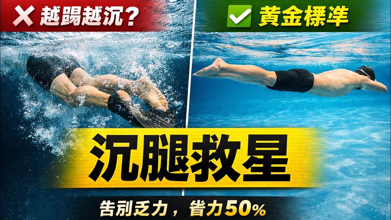 自由泳沉腿的真相：別再拼命踢水了！學會這個「打腿黃金比例」，比用蠻力快 2 倍！#自由泳#游泳教學#自由泳打腿#沉腿#打腿技巧#游泳省力#自由泳呼吸#游泳換氣#自由泳游不遠#游泳喘氣#游泳體力