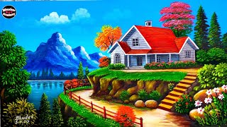 Beautiful Mountain Village Scenery Painting|Mountain Village Scenery Painting With Watercolor