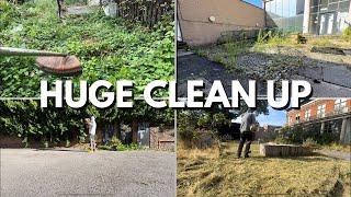 CLEARING A PATH | MOWING OVERGROWN LAWN AND HUGE CUT BACKS AND CLEAN UP | GROUNDS MAINTENANCE 