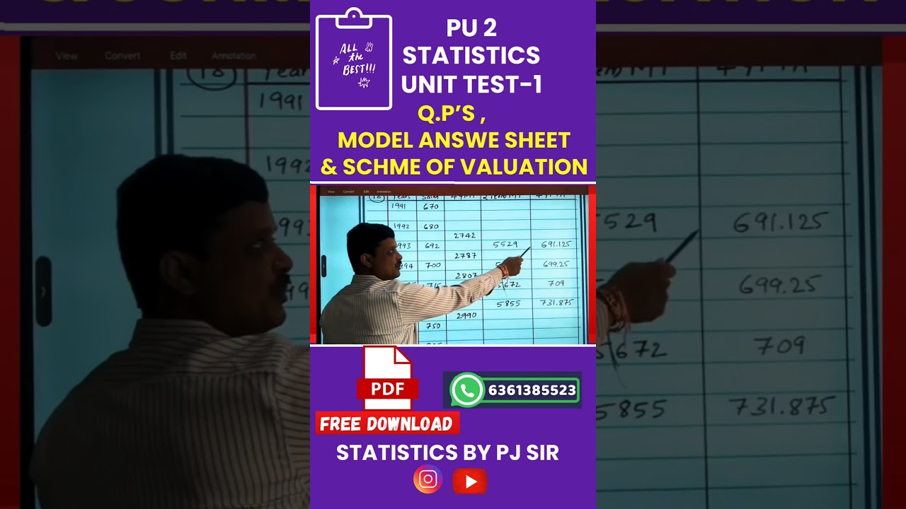 PU 2 STATISTICS  UNIT TEST Q.P's | Answer Sheet | Scheme of Valuation 