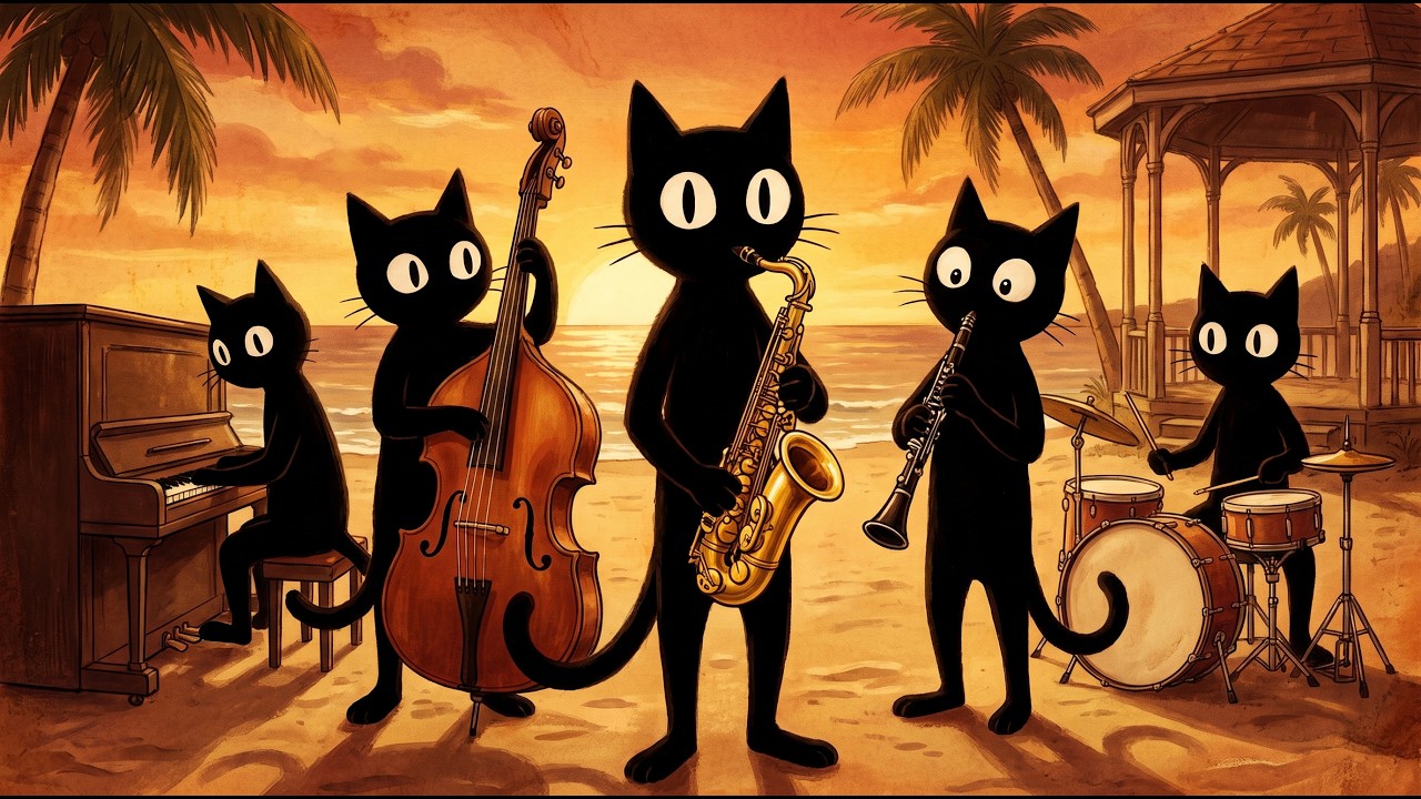 Summer Evening Jazz 🌅 Black Cats Swing on the Beach | Feel Good Vintage Jazz BGM
