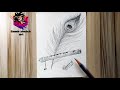 How to draw feather and flute with pencil mor pankh drawing  bansuri and peacock feather drawing