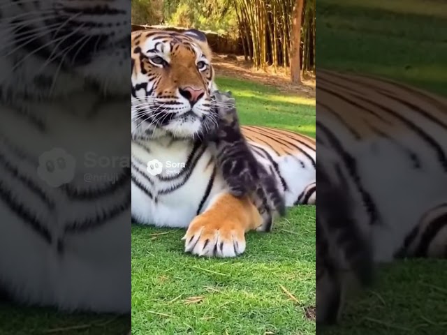 仲良し子猫とベンガルトラがごろごろじゃれ合うだけの動画がこちらです🐱🐯 #子猫 #ベンガルトラ #癒し動画 #kitten #bengaltiger #cute #shorts