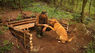 Building a Primitive Bushcraft Hunting and Survival Log Cabin Shelter in the Woods with Hand Tools