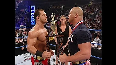 Stephanie McMahon presents a trophy to Kurt Angle & Chris Benoit! 10/24/2002