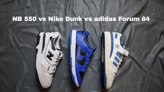 NB 550 v. Nike Dunk Low v. adidas Forum 84 Low - Which 80s basketball shoe would you pick?