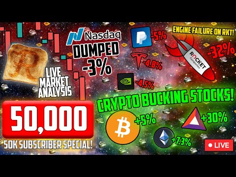 BITCOIN LIVE : BTC AND CRYPTO RALLY! TECH STOCKS AND METALS REKT. 50K YT SUBS