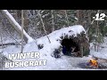 Survival in a cold wild forest constructing shelter to protect yourself from snow and wind  asmr