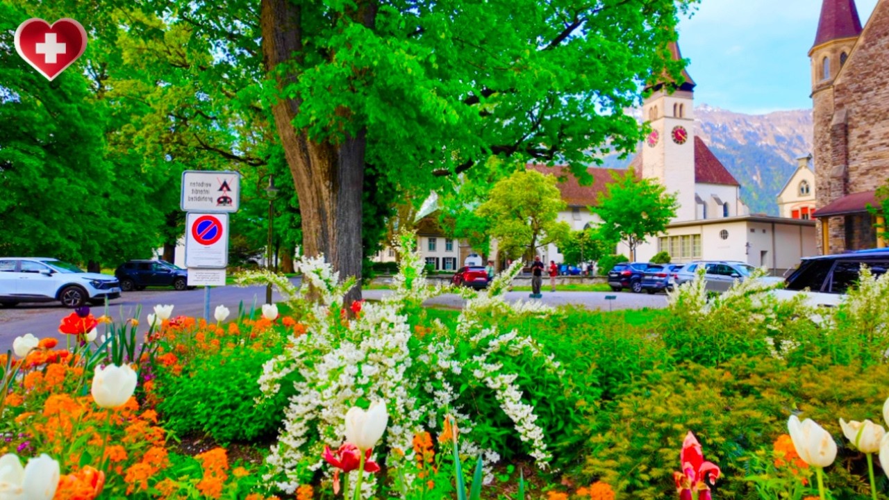 Пешеходная экскурсия по Интерлакену - красочный вечер по усыпанным цветами улицам Швейцарии | 4K