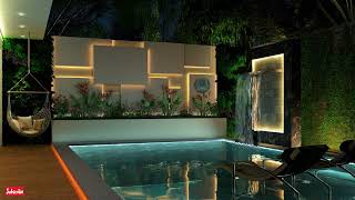 Relax at night by a luxury home pool with ambient waterfall sound (sleep, work, dream, study, focus)
