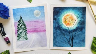 I painted LIVE/ easy Watercolor moonscape and snowy landscape painting tutorial for beginners