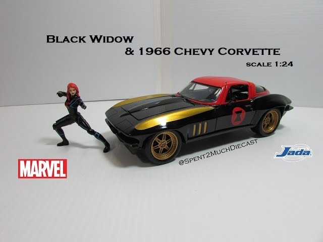 Black Widow & 1966 Chevy Corvette By Jada (Metals Diecast) Scale 1:24  Marvel Avengers *NEW*