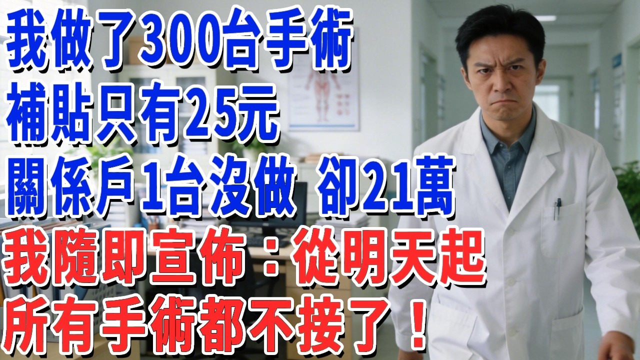 我做了300台手術，補貼只有25元，關係戶1台沒做 卻21萬，我隨即宣佈：從明天起，所有手術都不接了！#月心講故事 #情感故事 #老年生活