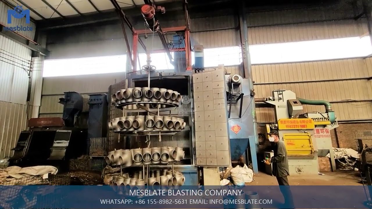 Spinner hanger type shot blasting machine for steel tee, elbow, fittings and tubes, pipes