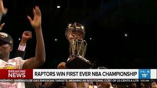 The raptors have lifted up larry o'brien championship trophy! and
behind scenes in locker room of oracle arena oakland, citynews speaks
to...