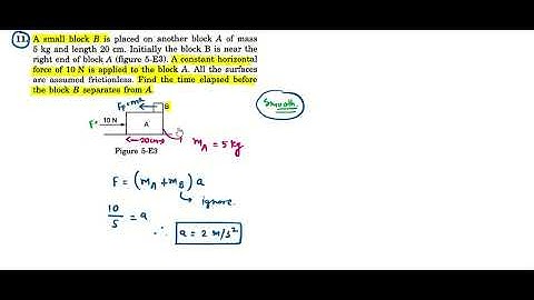A small block B is placed on another block A of mass 5 kg and length 20 cm. Initially the block B...