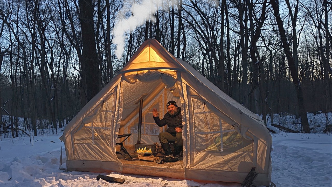 Winter Hot Tent Camping in DEEP SNOW and Freezing Temps | Morning Snowfall
