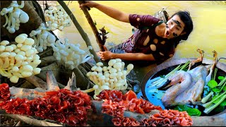 Wild Women​ pick Mushrooms for cook soup duck -cook soup duck eating Delicious