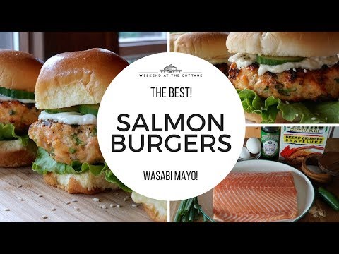 Tasty GRILLED SALMON BURGERS with Ginger-Wasabi Mayo!