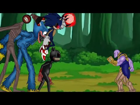 Cartoon Cat,Siren Head, Huggy Wuggy and Sonic.exe Vs Thanos